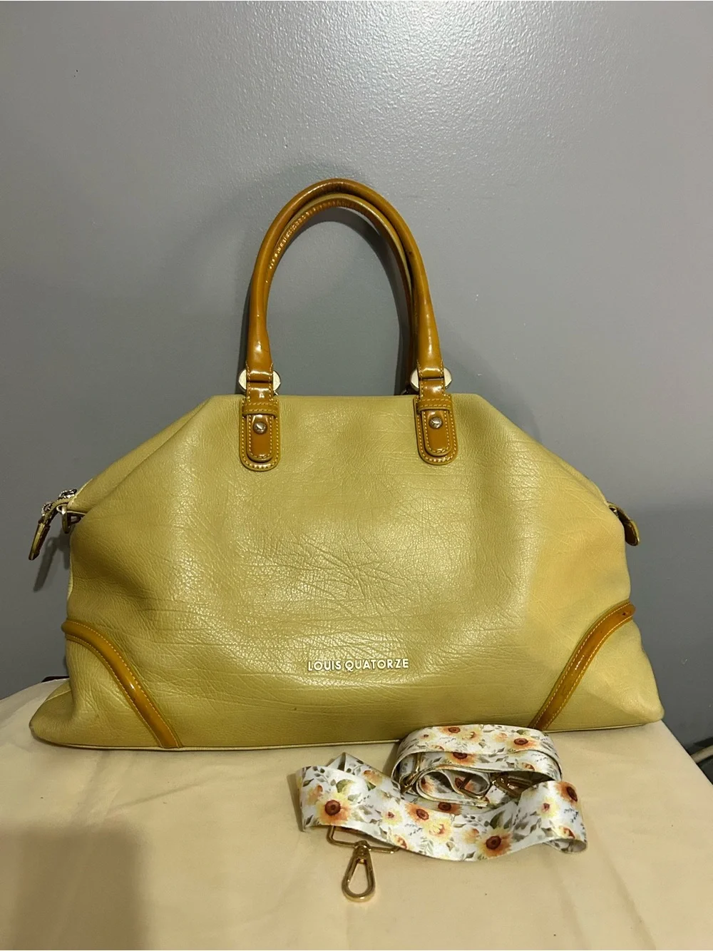 Louis Quatorze Satchel Square Grain Leather Designer Bag Pale Yellow Top Handle